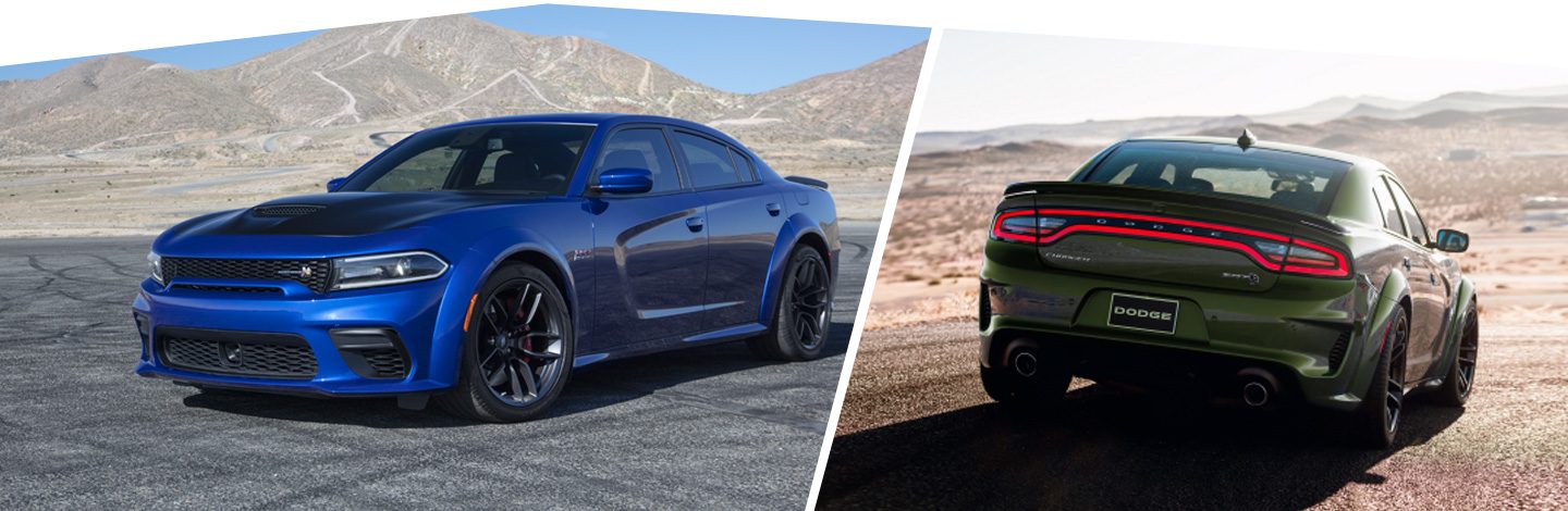 A split screen of the 2020 Dodge Charger driving in snow viewed from the front and the rear.