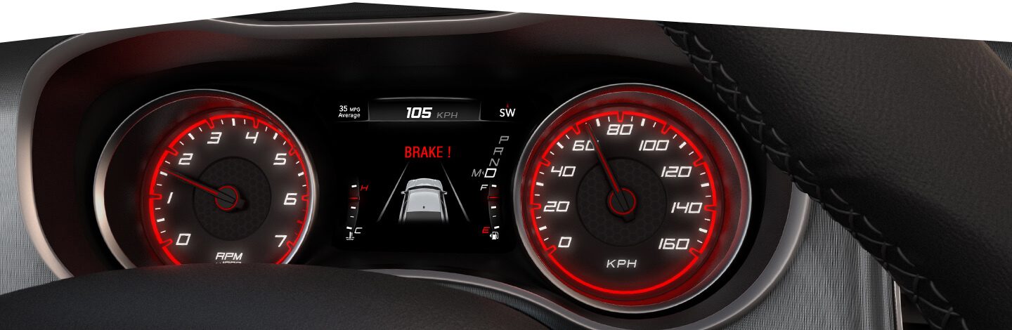 The instrument panel in the 2020 Dodge Charger with a warning to brake in the Driver Information Digital Cluster Display.