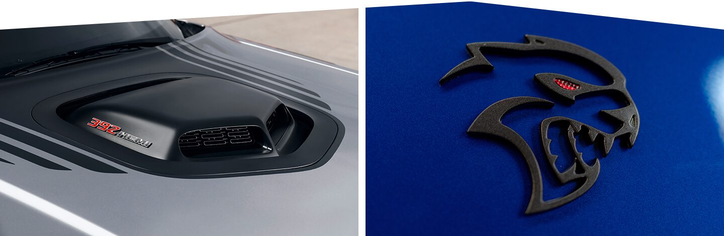 The 392 Hemi badge on the hood scoop of the 2020 Dodge Challenger SRT Hellcat. A close-up of the Hellcat badge on the 2020 Dodge Challenger SRT Hellcat.