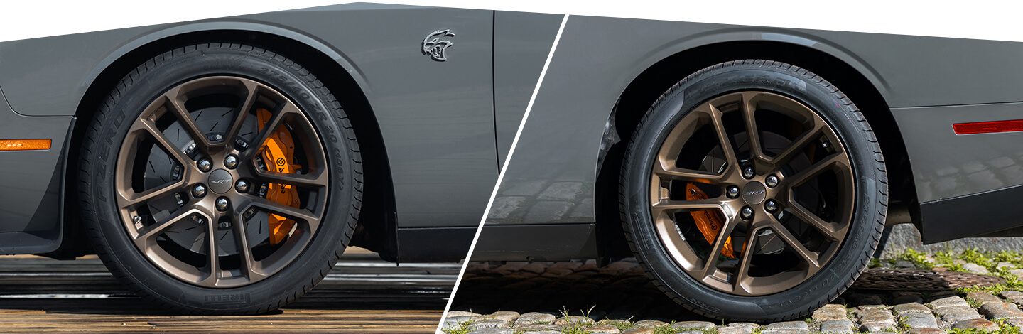 A close-up of the wheel, tire and orange brake caliper on the 2020 Dodge Challenger SRT Hellcat. A close-up of the wheel, tire and orange brake caliper on the 2020 Dodge Challenger.