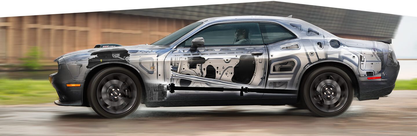 A profile view of the 2020 Dodge Challenger with under-the-skin illustrations of frame and structure.