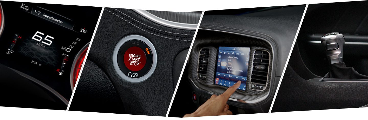 The driver information digital cluster display in the 2022 Dodge Charger displaying the vehicle speed of 65 mph. The start/stop button. The Uconnect 4C Nav displaying SiriusXM radio. Performance shifter.
